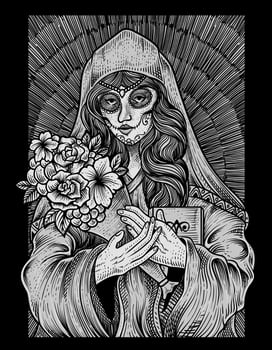 illustration sugar woman skull with engraving style vector