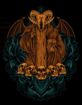 illustration scary baphomet skull on engraving ornament vector
