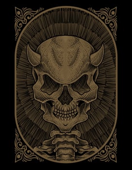 illustration skull demon with engraving style vector