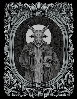 illustration scary baphomet on engraving ornament vector
