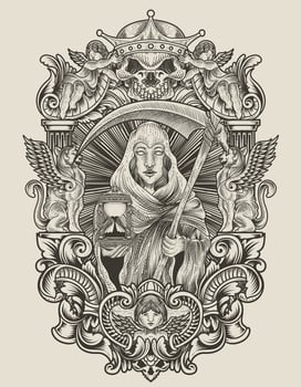 illustration death angel woman with engraving ornament style vector