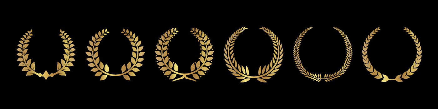 Set of golden vector laurel wreaths on black background.
