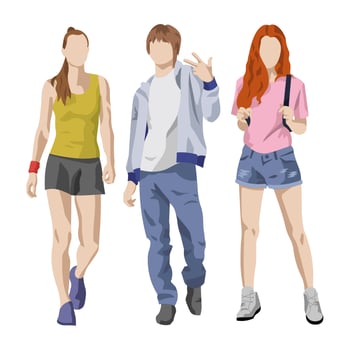 Stylishly dressed boy and two teenage girls on a white background - Vector