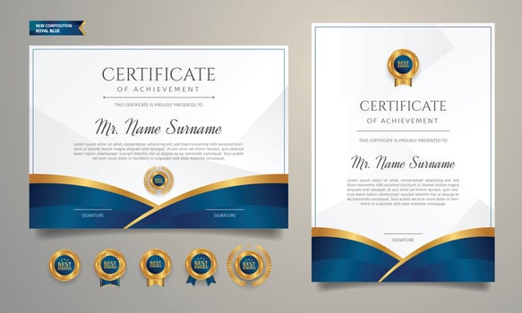 Blue and gold diploma certificate of appreciation border template with luxury badges vector