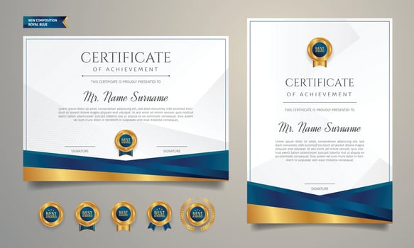 Certificate of achievement border template with golden badges vector