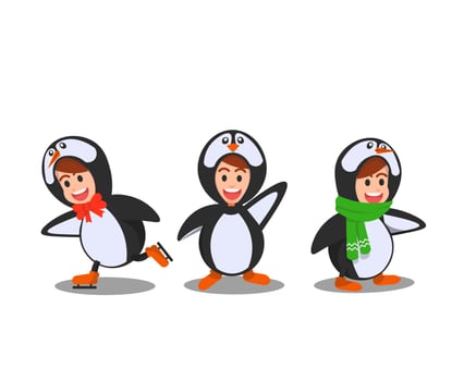 little boy wearing a penguin costume with several poses vector