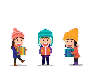 three children holding gift boxes in winter clothes vector