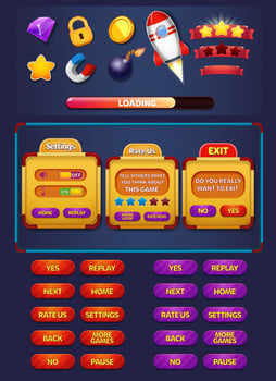 Game UI menu popups with buttons and game assets vector