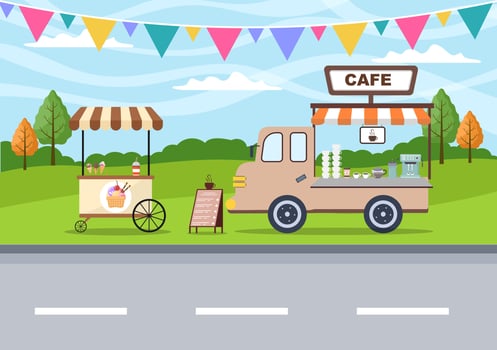 Summer Fair with Carnival, Circus, Funfair or Amusement Park. Landscape of Carousels, Roller Coaster, Air Balloon and Playground Vector Illustration