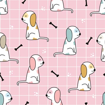 Cartoon animal background seamless pattern Dog and bone on pink square grid background. Hand drawn design in kid's style. Use for printing, wallpaper, fabric patterns, textiles, vector illustrations.