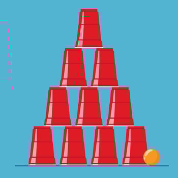 Red beer pong pyramyd illustration. Plastic cups and ball. Traditional party drinking game. Vector