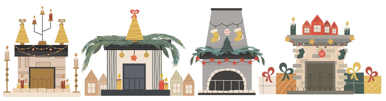 Scandinavian Christmas fireplace with isolated fir tree and candles set. Festive cozy hearth with Christmas decorations.Vector illustration in a flat style. Cozy winter holiday season. vector