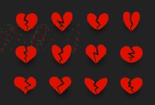 Broken hearts icons collection, heart crack, unlove symbol. Divorce, relationship crisis, family problems signs. Red vector icons set on black background.