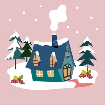 Christmas and Happy New Year card.Trendy retro style with the cottage in snow landscape. hand drawn cartoon Vector design element.
