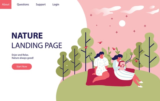 Nature landing page concept with women in the hill and forest. Landing modern page template vector illustration - Vector