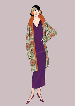 Retro fashion dressed woman 1920s 1930s style. Stylish lady in vintage winter clothes. Fashion party girl silhouettes from 30s. vector