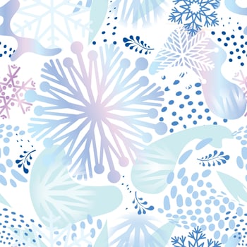 Snow seamless pattern. Abstract floral winter pattern with dots and snowflakes. Seasonal drawn texture. Winter holiday backdrop. Artistic stylish tiled background from Christmas collection. vector