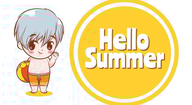 cute boy with a summer greeting banner. vector