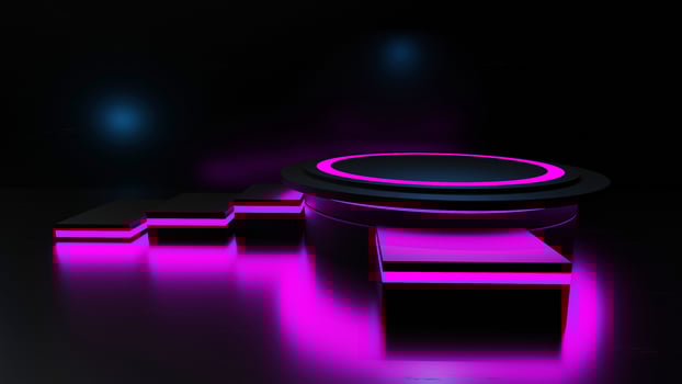 Dark black scene with podium on reflective black-pink background. photo