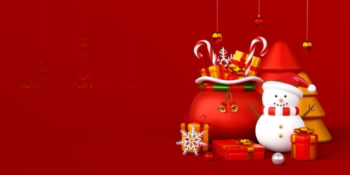 Christmas banner of snowman with Christmas bag and gifts, 3d illustration photo
