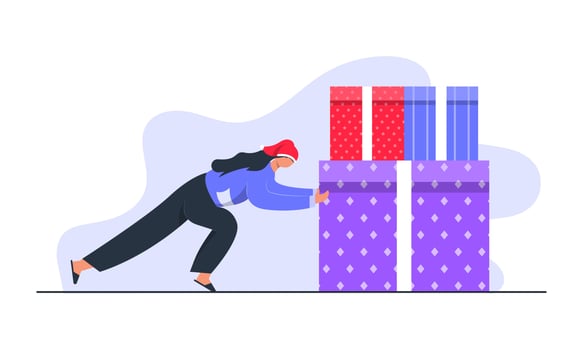 Girl Pushing Giant Gift Boxes For Christmas vector