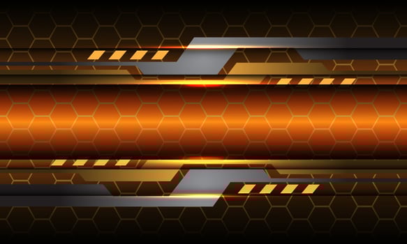 Abstract gold hexagon mesh line light grey metallic geometric cyber shadow orange design modern futuristic technology background vecor vector