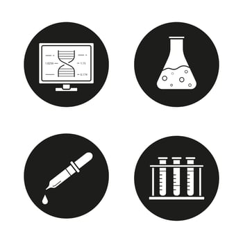 Science laboratory icons set. Dna research, beaker with liquid, medical dropper, test tubes rack. Vector white silhouettes illustrations in black circles