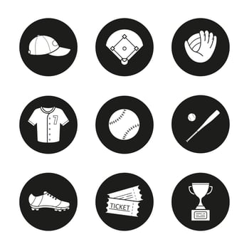 Baseball accessories icons set. Cap, field, mitt, shirt, ball, bat, shoe, tickets, winner's award. Softball player's kit. Vector white silhouettes illustrations in black circles