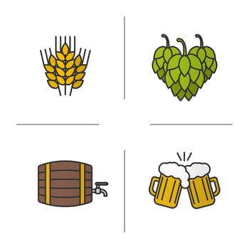 Beer color icons set. Wheat ears, hop cones, alcohol wooden barrel, toasting beer glasses. Isolated vector illustrations
