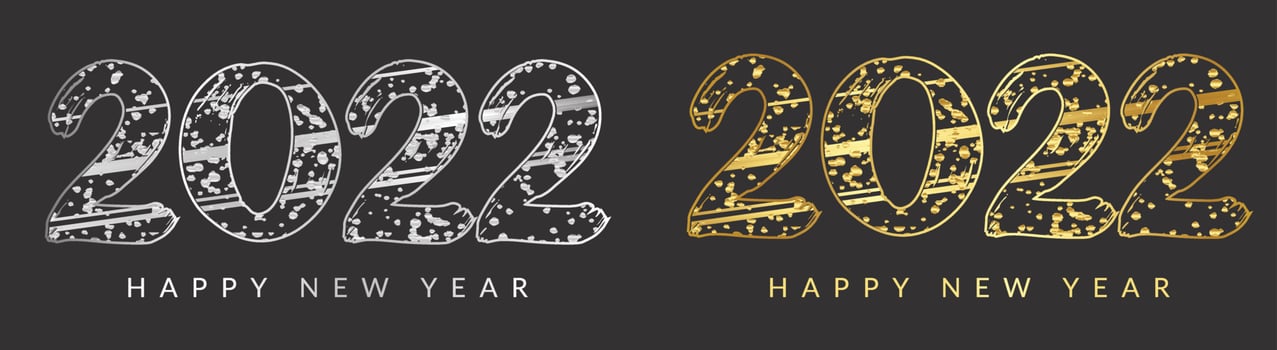 2022 Happy New Year greeting card with golden confetti. Gold and black celebration design. Luxury party template. Vector illustration