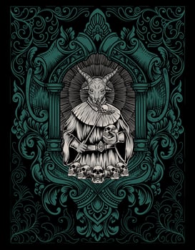 illustration scary baphomet on engraving ornament frame vector
