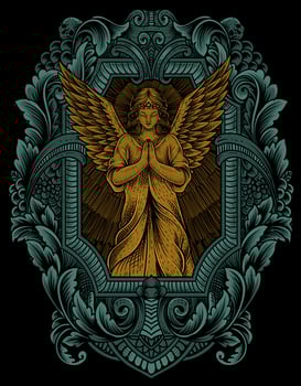 illustration angel praying with vintage engraving frame vector