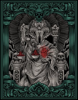 illustration king satan on gothic engraving ornament style vector