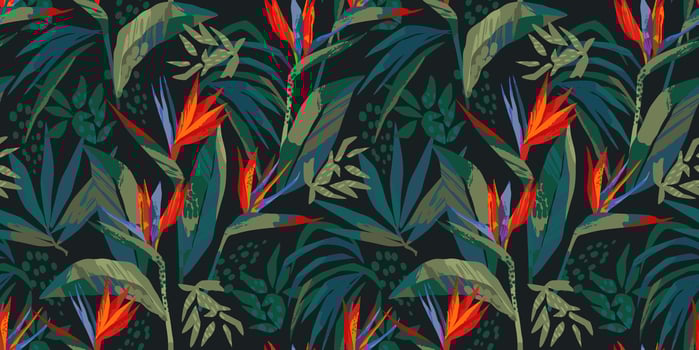 Abstract art seamless pattern with tropical leaves and flowers. vector