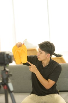 Professional digital video cameras filming male vlog for online sales and filming new products online for customers select. photo