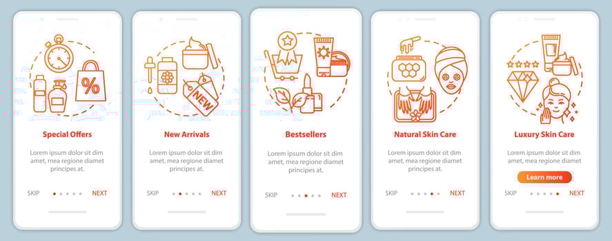 Skicare onboarding mobile app page screen with concepts. Bestsellers and special offers. Cosmetic products walkthrough 5 steps graphic instructions. UI vector template with RGB color illustrations