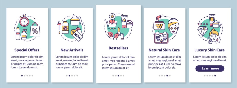 Skicare onboarding mobile app page screen with concepts. Bestsellers and special offers. Cosmetic products walkthrough 5 steps graphic instructions. UI vector template with RGB color illustrations