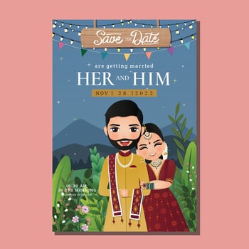 Wedding invitation card the bride and groom cute couple in traditional indian dress cartoon character. Vector illustration
