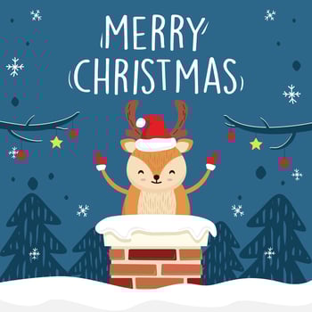 Merry Christmas Cartoon Cute Deer in Chimney Illustration - Blue Greeting Cards Vector