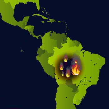 Forest fires banner, fire place on map, disaster in south america news, paper that burns smokes and smolders from fire, vector illustration.