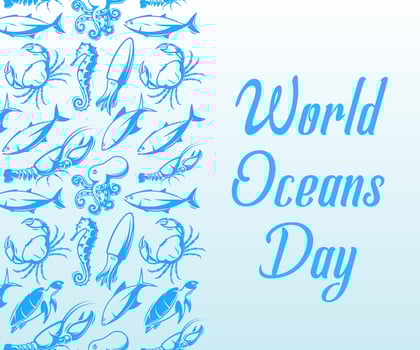 World Oceans Day design template. Ocean health protect poster. Nature care banner. Environment planet Isolated vector illustration.