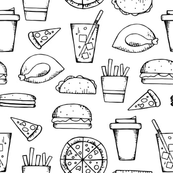 Hand-drawn fast-food seamless pattern. Illustration of lemonade, roasted chicken, fries, coffee, pizza, hamburger, hot-dog, burrito vector