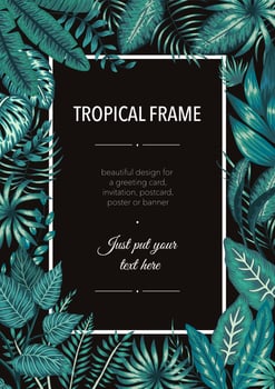 Vector frame template with tropical emerald green leaves on black background. Vertical layout card with place for text. Spring or summer design for invitation, wedding, party, promo events.