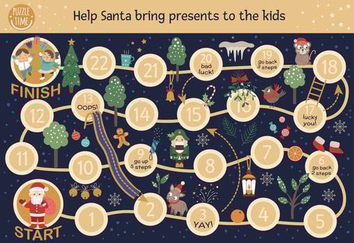 Christmas adventure board game for children. Educational winter holiday boardgame. Puzzle with Santa Claus, deer, Nutcracker, birds, trees, snowflakes. Help Santa bring presents to the children. vector