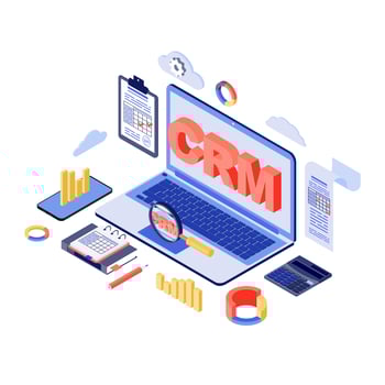 CRM system isometric vector illustration. Customer, management, marketing automation software 3d concept isolated on white. Clients database. Working process, workflow organization and optimization