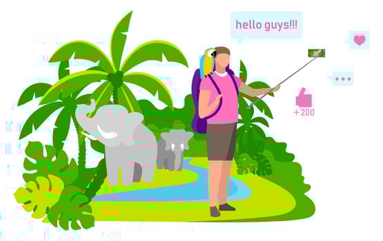 Travel blogger flat vector illustration. Filmmaker, vlogger, influencer streaming video. Social media vlog content. Tourist channel, online travel guide. Isolated cartoon character on white background