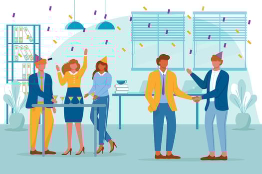 Business team celebrate birthday party flat vector illustration. Anniversary entertainment. Festive event with colleagues. Employees have together cocktails on office party cartoon characters