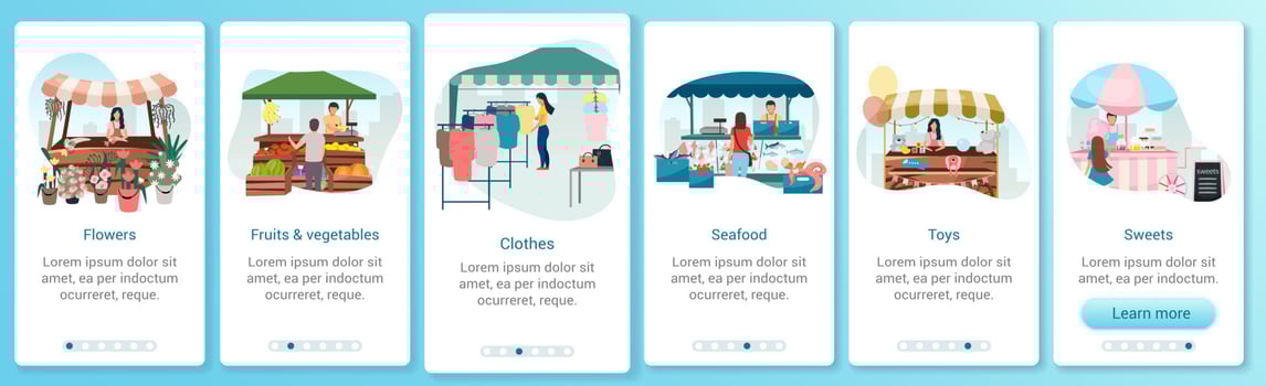Summer fair onboarding mobile app screen template. Outdoor street market stalls. Flowers, seafood, sweets trade tents. Walkthrough website with flat characters. UX, UI smartphone cartoon interface vector