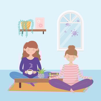 stay at home, pregnant woman and girl sitting in floor vector