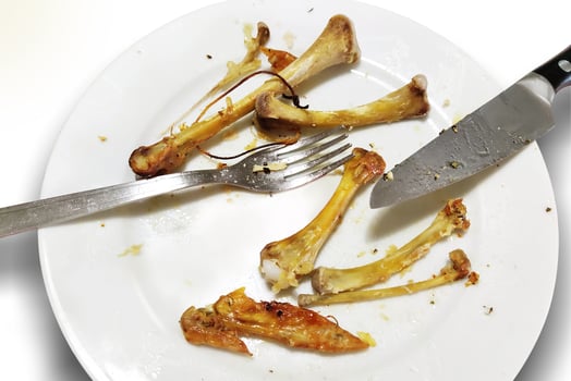 Plate with cutlery and chicken bones photo
